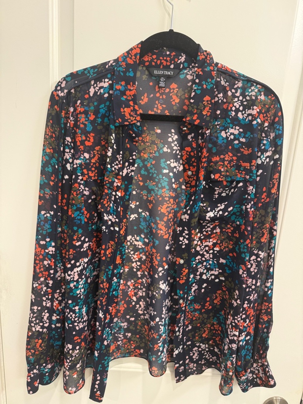 Ellen Tracy Black Sheer Floral Blouse with Teal, Coral & White.
